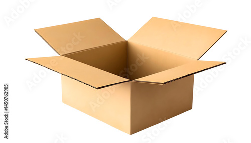 Open empty corrugated cardboard box for packaging and storage on transparent background