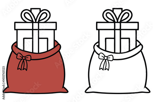 Holiday presents emerge delightfully from a festive red sack next to outline drawing