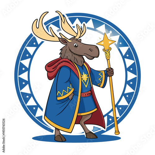 A majestic moose, adorned in a regal blue mage robe and holding a golden staff, stands majestically against a clear blue background.