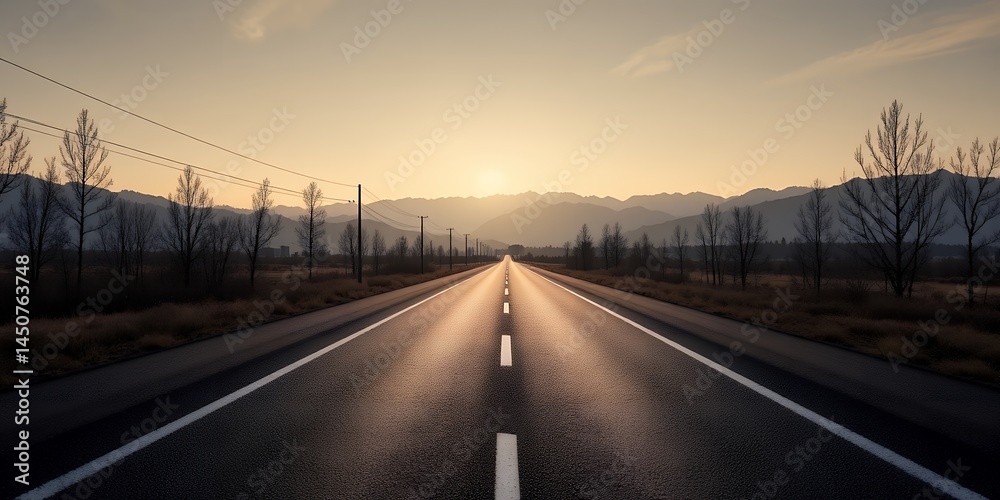 A long asphalt road stretches toward distant mountains under a bright sky at sunset