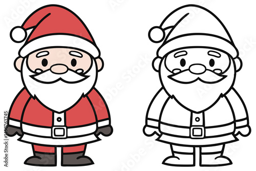 Cartoon Santa Claus figures show one colored drawing and one black outline drawing