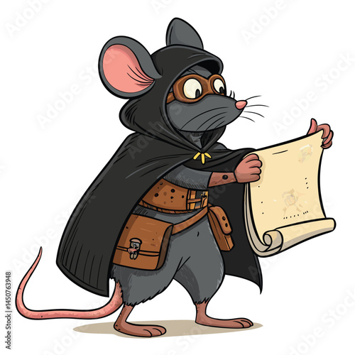 A tiny mouse, clad in a dark, hooded thief's cloak, carrying several small leather pouches, stands against a stark black background.