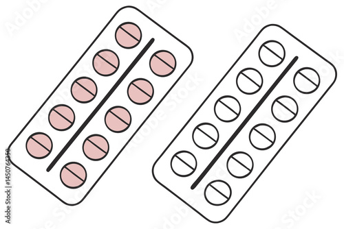Two blister packs showing filled and unfilled round tablets on a white background