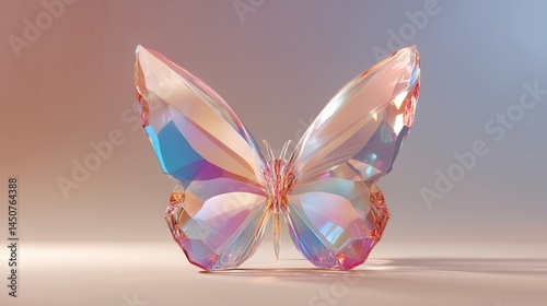 Iridescent crystal butterfly with colorful reflections and delicate details on a soft gradient background capturing the beauty of nature with a modern artistic touch