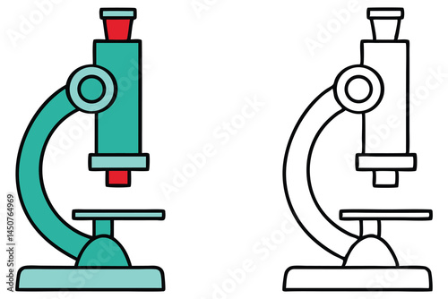Teal microscope with red accents stands beside a black outline version, showcasing research