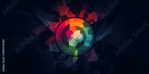 A colorful abstract design featuring a central circular shape with geometric fragments around