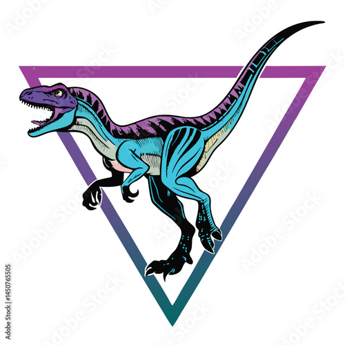 A vibrant neon velociraptor dramatically leaps through a geometric, glowing triangle frame, set against a dark background.