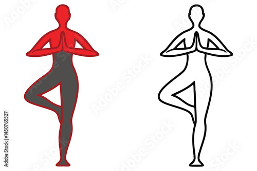 Silhouette illustration shows woman practicing tree pose yoga with hands in prayer against white