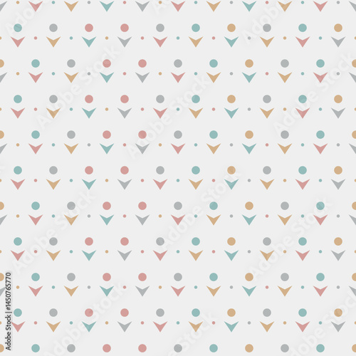 Minimalistic seamless pattern with colorful geometric shapes. Pastel colored subtle background for for textiles, children’s decor, shirts, linen, kitchen cloth.