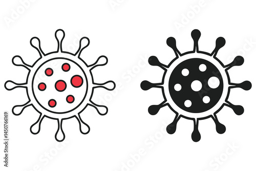 Two stylized virus icons show cell structures with spikes and internal features transparent background