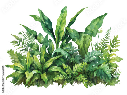 Lush Watercolor Tropical Jungle Foliage with Various Green Plants and Fern Leaves on White Background