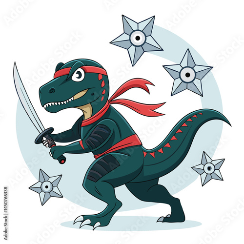 A fierce, agile dinosaur ninja, clad in black, slices through the frame with a flurry of flying shurikens.  Dynamic action pose, detailed scales, sharp focus.