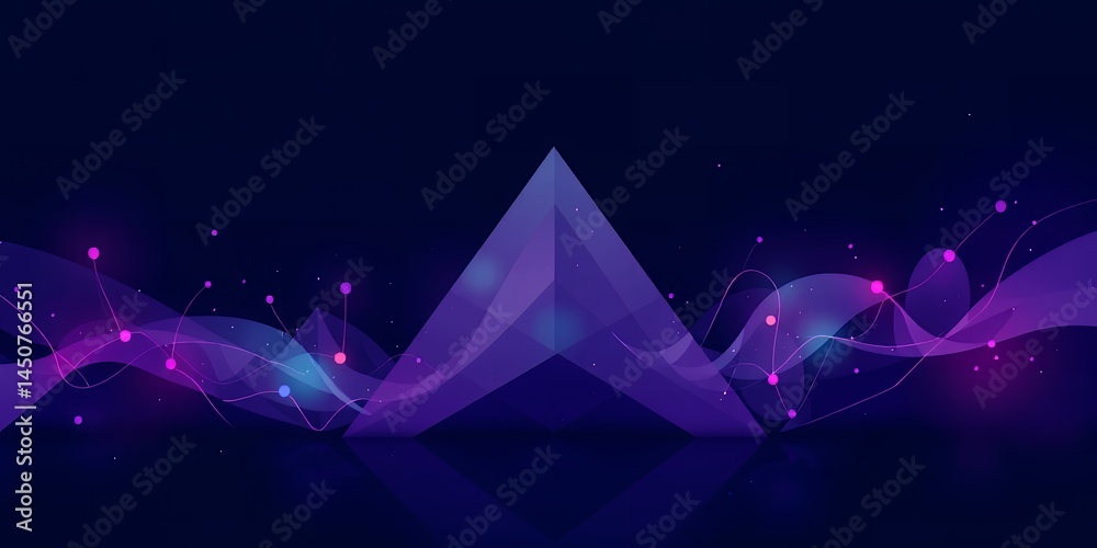 Abstract purple and blue design with triangle and wavy lines and connected dots on dark background