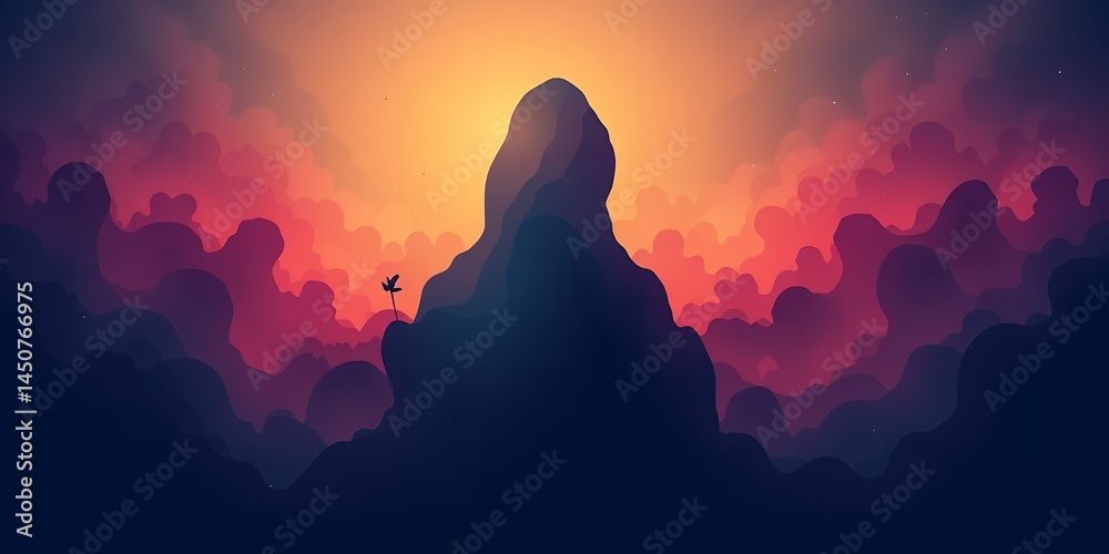 Silhouette of a mountain peak against a sunset sky with clouds and a small flower bloom