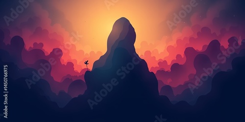 Obraz na płótnie Silhouette of a mountain peak against a sunset sky with clouds and a small flower bloom w salonie