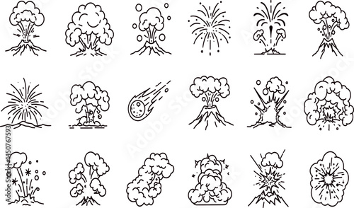 Explosion, detonation line icon set. Vector pictograms of blast, impact, explosive forces, bomb, dynamite, mushroom cloud, shockwave thin linear