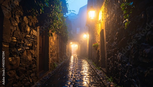 Un callejón tenuemente iluminado, con senderos empedrados que brillan por la lluvia reciente. El parpadeo de los faroles proyecta una cálida luz sobre los antiguos muros de piedra adornados con hiedra