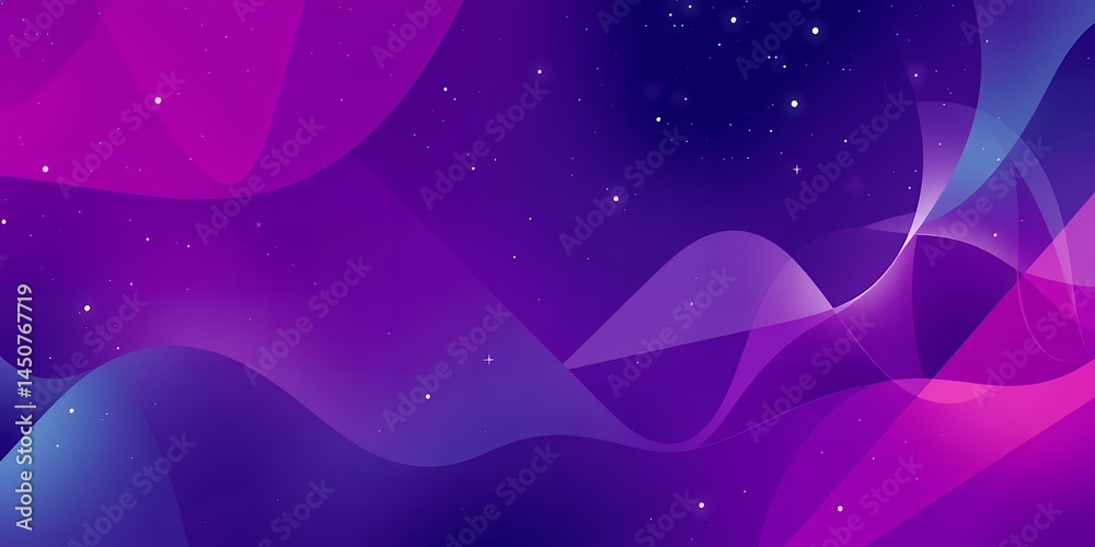 A purple and blue abstract background with wavy lines and small white stars scattered around