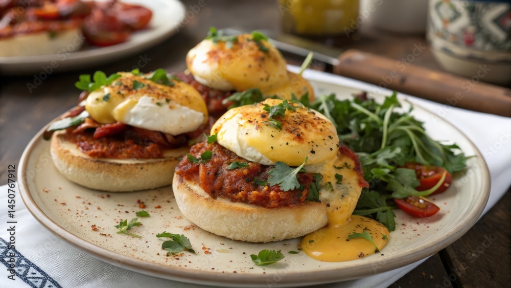 Eggs Benedict on English Muffin with Hollandaise Sauce, Tomato Relish, and Fresh Greens
Eggs Benedict on English Muffin with Hollandaise Sauce, Tomato Relish, and Fresh Greens