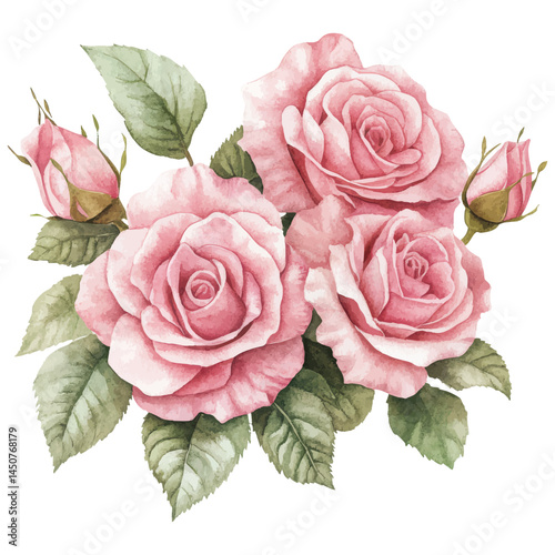 Romantic Pink Roses Watercolor Painting with Green Leaves Perfect for Wedding Invitations and Elegant Floral Designs
