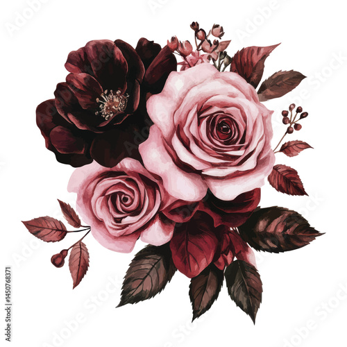 Elegant Dark Red and Pink Roses Watercolor Bouquet Perfect for Romantic Floral Art, Wedding Invitations and Vintage Decor