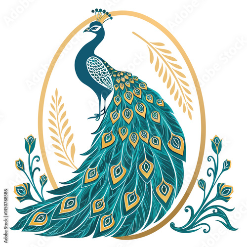A majestic peacock, elegantly adorned in a lavish ballroom gown meticulously crafted with its own vibrant iridescent feathers.