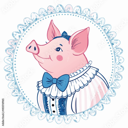 A charming piglet, delicately dressed in a frilly Victorian blouse and bowtie, portrayed in a soft, painterly style.