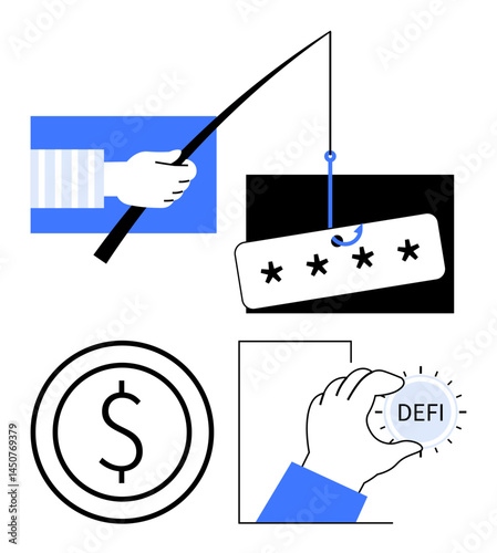Hand holding fishing rod with password phishing attempt, dollar symbol, DeFi coin, secure system concepts. Ideal for cybersecurity, digital finance, phishing awareness, online scams, fintech