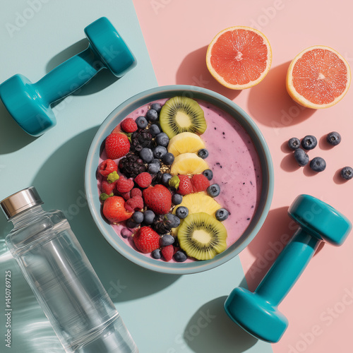 top view of smoothie bowl, fresh fruits, dumbbells, yoga mat, and water bottle on pastel background
