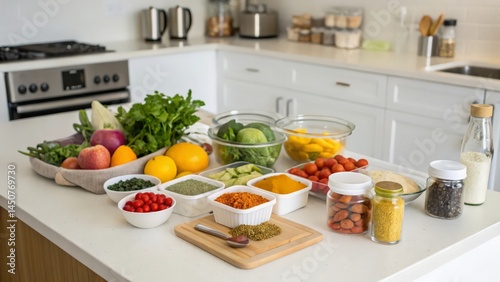 White Kitchen Counter Filled with Fresh Vegetables, Herbs, Fruits, and Colorful Spices in Bowls
