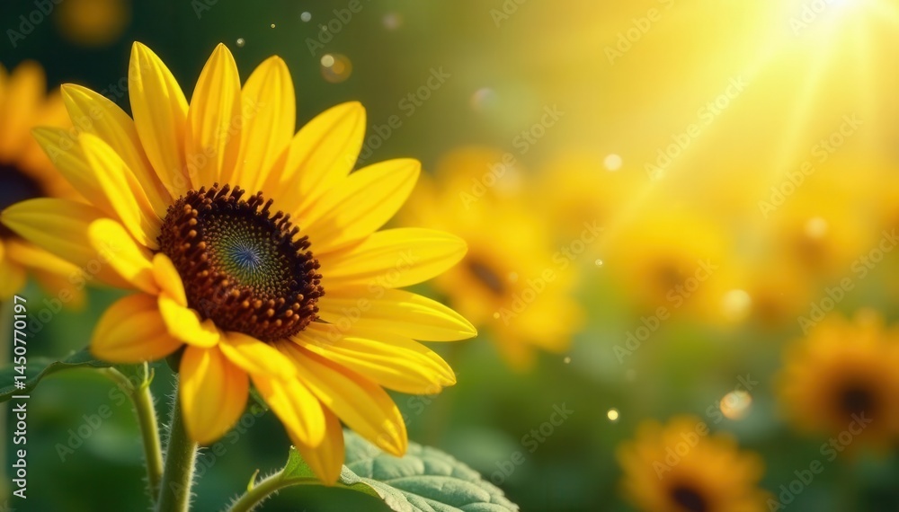 Fototapeta premium Vibrant sunflowers, scattered pearls, sunlit scene , stem, detail, visual
