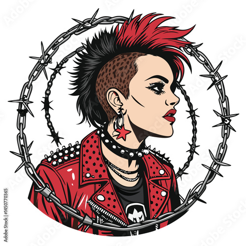 A fierce punk girl, adorned with multiple piercings, chunky chains, and rebellious clothing.  Capture her defiant attitude and edgy style.