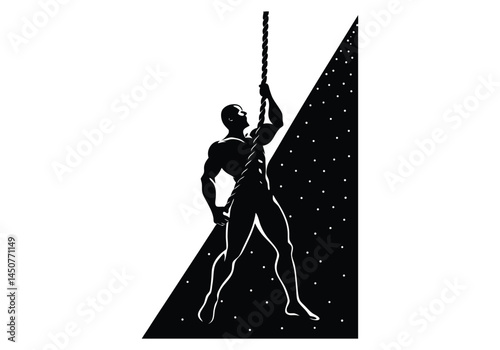 Athlete Climbing a Thick Gym Rope Muscles Strain