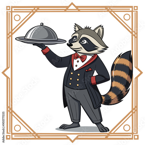 A dapper raccoon butler, impeccably dressed in a Victorian-era uniform, complete with tailcoat, waistcoat, and bow tie, stands attentively.