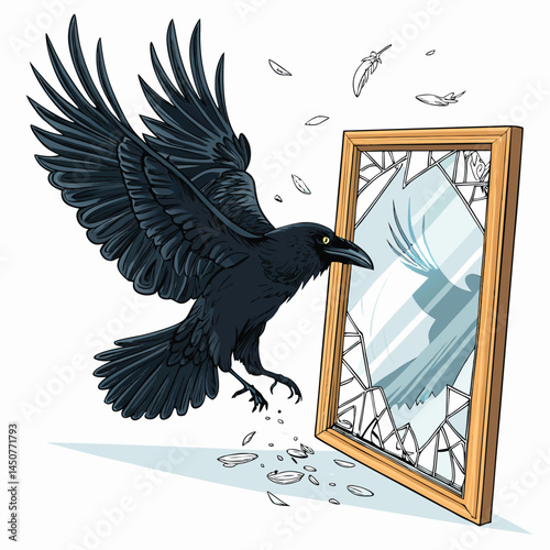 A raven in flight emerges from a shattered, silver-framed mirror, its dark feathers contrasting sharply against the broken glass.