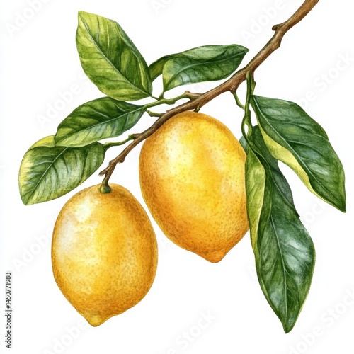 Watercolor botanical illustration of fresh lemons hanging on a branch with green leaves against a white background detailed and vibrant colors