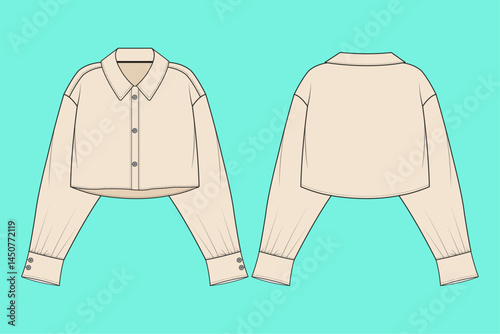 Ladies long sleeve crop shirt technical drawing fashion flat sketch vector illustration template outline CAD mockup front and back views.