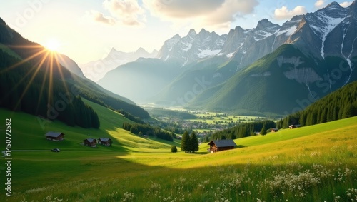 Picture a tranquil mountain setting: rolling green pastures in bloom, framed by towering peaks still capped with pristine snow.

