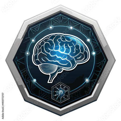 A glowing robotic brain, intricate circuitry visible, sits within a translucent hexagonal frame, alongside a human figure.  The scene is futuristic and ethereal.