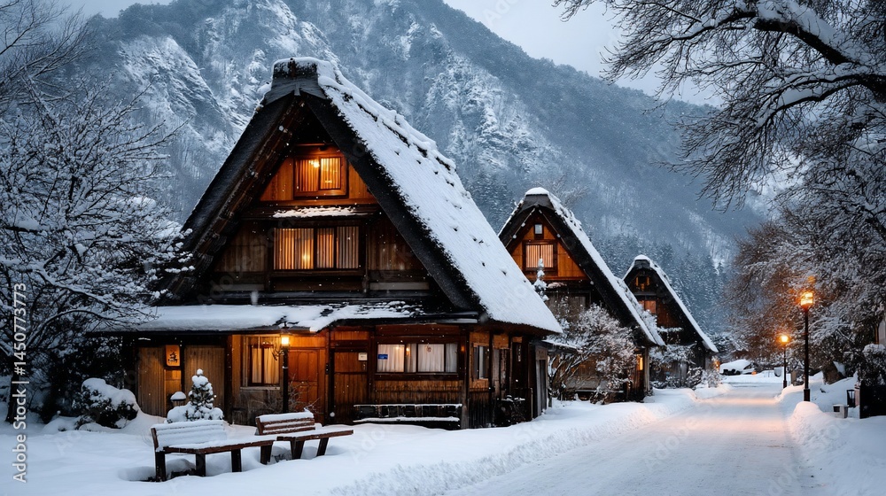 Fototapeta premium Snowy Japanese houses nestled beside mountains