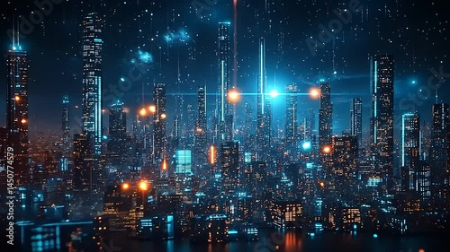 Wallpaper Mural Futuristic cityscape at night with digital overlay Torontodigital.ca