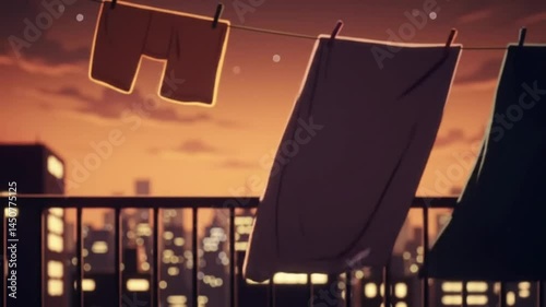 Lo-fi Anime Background: Lo-fi anime balcony at twilight, city skyline in the distance, clothes swaying gently on a line, stars beginning to appear, calm and nostalgic feel