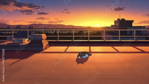 Lo-fi Anime Background: Anime-style rooftop at sunset, warm orange and pink hues, distant city lights beginning to glow, slight movement in clouds and a cat stretching lazily, lo-fi aesthetic