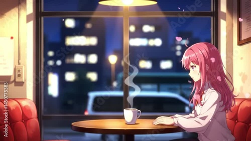 Lo-fi Anime Background: Anime-style cafe corner in the evening, warm lighting, steam rising gently from a coffee cup, outside city softly blurred through window, subtle animation