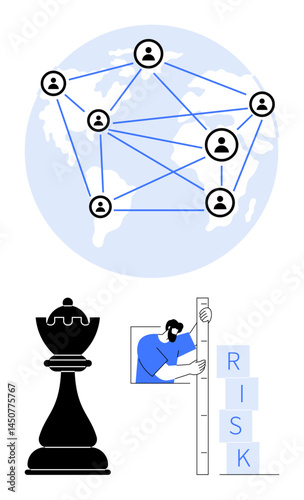 Connected people on world map, chess piece, person analyzing risk. Ideal for teamwork, strategy, networking, risk, management decision-making globalization. Perfect for a simple landing page