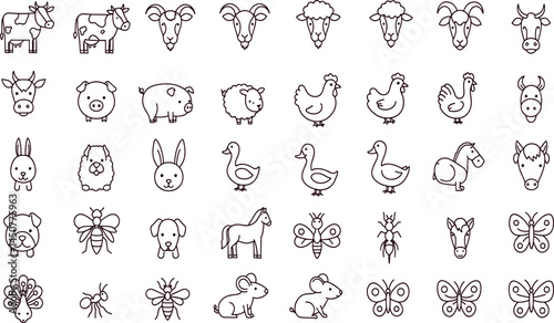 Farm animals line icon set. Vector pictograms of domestic goose, turkey, chick, duckling, duck, sheep, horse, pig, donkey, ox,