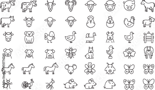 Farm animals line icon set. Vector pictograms of domestic goose, turkey, chick, duckling, duck, sheep, horse, pig, donkey, ox,