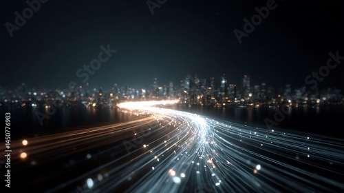 Abstract city skyline with dynamic light trails representing connectivity network