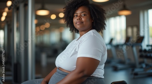 Black woman, fat body positive beauty, wearing a white T-shirt and gray yoga pants, sitting in the gym, full figure.