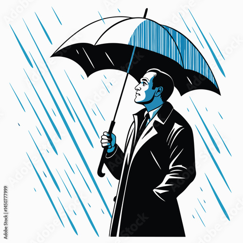 A dramatic silhouette of a lone man, head bowed, firmly grasping an umbrella against a vibrant, stormy sunset. Rain implied, not explicitly shown.